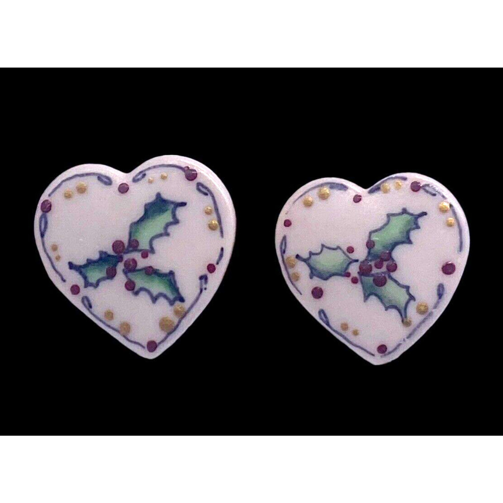 Vintage Earrings Handpainted Holly Berries Heart Clay Shaped Folk Art Christmas
